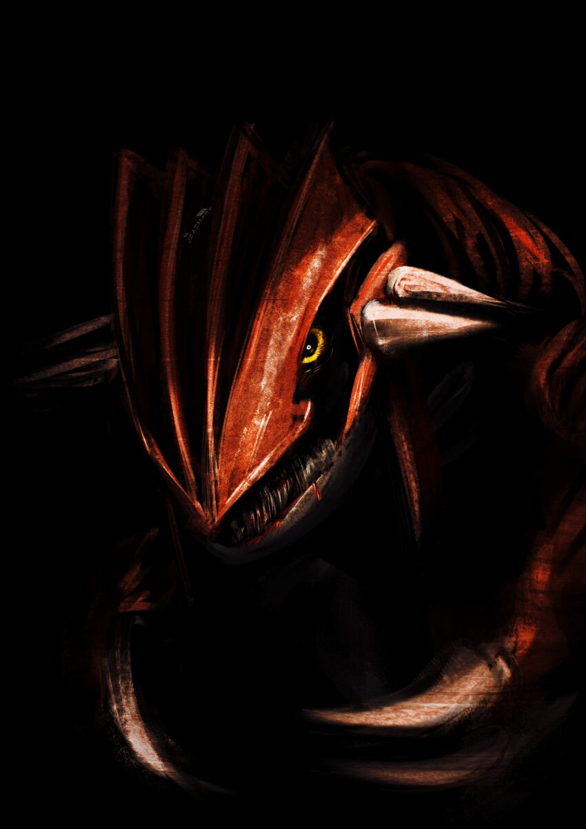 absurdres black_sclera blood blood_on_teeth claws close-up colored_sclera commentary crain1art dark english_commentary faux_traditional_media gen_3_pokemon groudon highres legendary_pokemon looking_at_viewer nintendo painterly pokemon pokemon_(creature) pokemon_focus sharp_teeth spikes teeth yellow_eyes