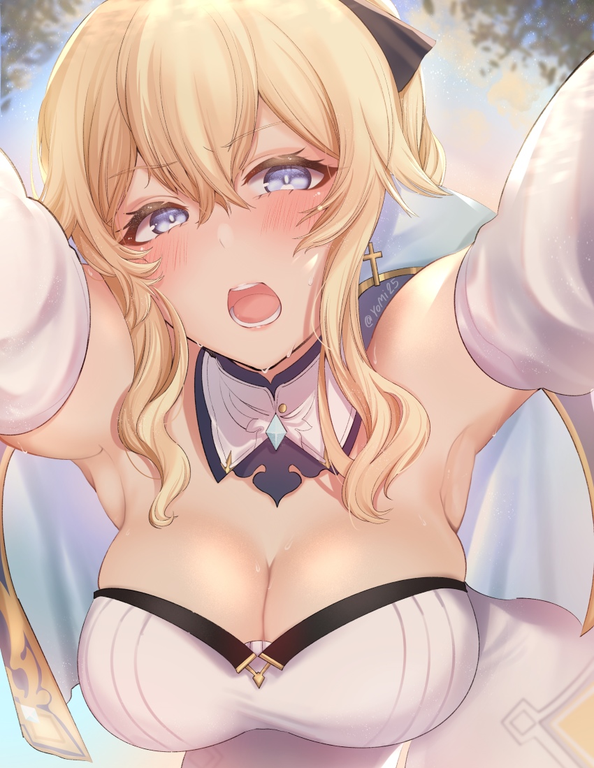 1girl absurdres armpits bare_shoulders bent_over blonde_hair blue_eyes blush bow breasts capelet cleavage cross cross_earrings detached_sleeves earrings genshin_impact hair_bow half-closed_eyes highres jean_(genshin_impact) jewelry large_breasts looking_at_viewer open_mouth outstretched_arms pants ponytail solo strapless sweat sweatdrop tube_top twitter_username white_pants yomi25