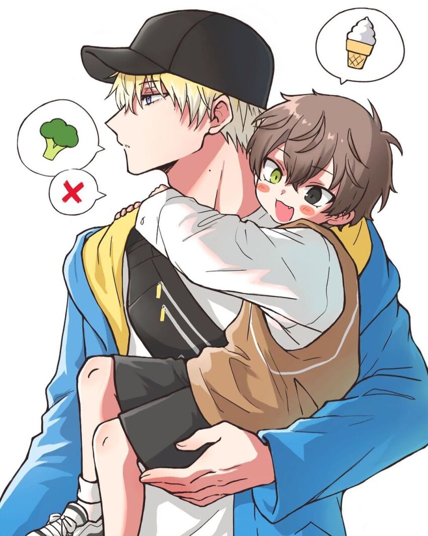 2boys alban_knox blonde_hair blue_eyes broccoli brown_hair carrying carrying_person carrying_under_arm child food green_eyes heterochromia highres ice_cream monotsuki multiple_boys nijisanji nijisanji_en shorts sonny_brisko sweater vest virtual_youtuber