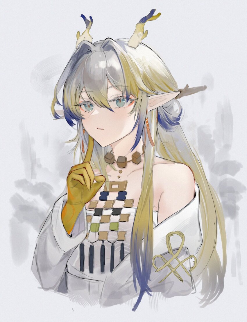 1girl arknights bare_shoulders blonde_hair blue_hair collarbone colored_extremities commentary dragon_girl dragon_horns dress earrings english_commentary finger_to_cheek gradient_hair grey_eyes grey_hair hair_between_eyes hair_intakes highres horns jacket jewelry kachi long_hair long_sleeves looking_at_viewer multicolored_hair necklace off_shoulder parted_lips pointy_ears shu_(arknights) sketch solo strapless strapless_dress streaked_hair tassel tassel_earrings white_dress white_jacket