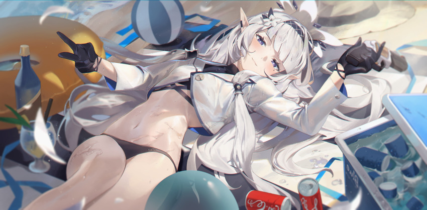 1girl absurdres ball bare_legs beach beachball bikini black_bikini black_gloves blue_archive blunt_bangs blurry blush breasts can cocktail_glass commentary_request cooler cropped_jacket cup depth_of_field drink_can drinking_glass dutch_angle falling_petals feet_out_of_frame flower gloves hair_flower hair_ornament hair_spread_out hair_tubes hairband hat highres himari_(blue_archive) holding holding_weapon innertube jacket long_hair long_sleeves looking_at_viewer lying mole mole_under_eye navel no_pants on_back open_clothes petals pointy_ears purple_eyes ramuri small_breasts smile soda_can solo stomach sun_hat sweat swim_ring swimsuit v water weapon wet white_hair white_jacket