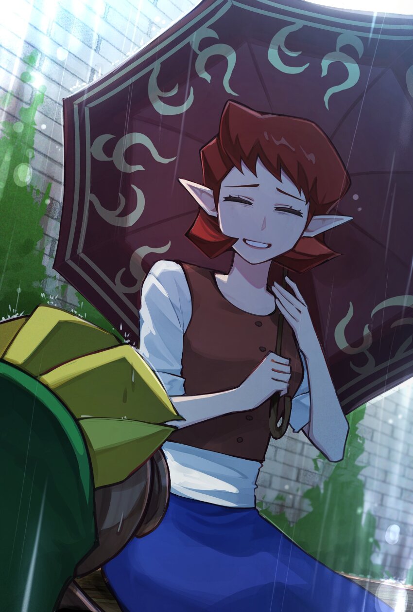 1boy 1girl anju_(zelda) brick_wall closed_eyes crying deku_link deku_scrub dress dutch_angle grin hat highres holding holding_umbrella link looking_at_another moss nintendo outdoors pointy_ears rain red_hair sitting smile the_legend_of_zelda the_legend_of_zelda:_majora&#039;s_mask tsumikitsuki_(katsuobushi) umbrella