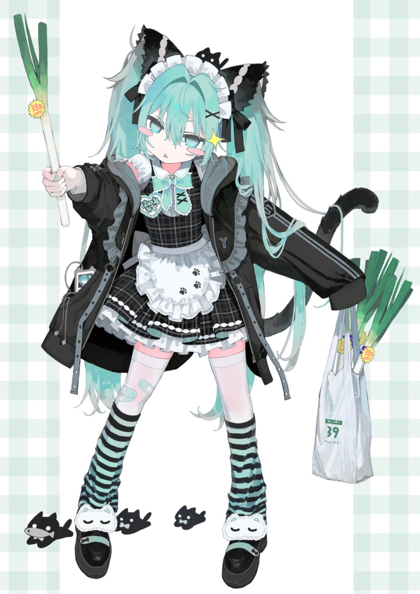 1girl aged_down alternate_costume apron aqua_bow aqua_bowtie aqua_eyes aqua_hair aqua_socks bag bandaid bandaid_on_leg black_bow black_dress black_jacket black_shoes black_socks blush_stickers bow bowtie cat cat_tail dress enmaided food frilled_dress frills full_body hair_bow hair_intakes hair_ornament hairclip hashtag-only_commentary hatsune_miku highres holding holding_bag holding_food jacket long_hair loose_socks maid maid_headdress open_mouth outstretched_arms paw_print plaid_clothes plaid_dress plastic_bag sale shoes single_sleeve_past_fingers socks solo sparkle spring_onion striped_clothes striped_socks tail tekito_midori thighhighs triangle_mouth twintails unconventional_maid very_long_hair vocaloid waist_apron white_apron white_thighhighs x_hair_ornament