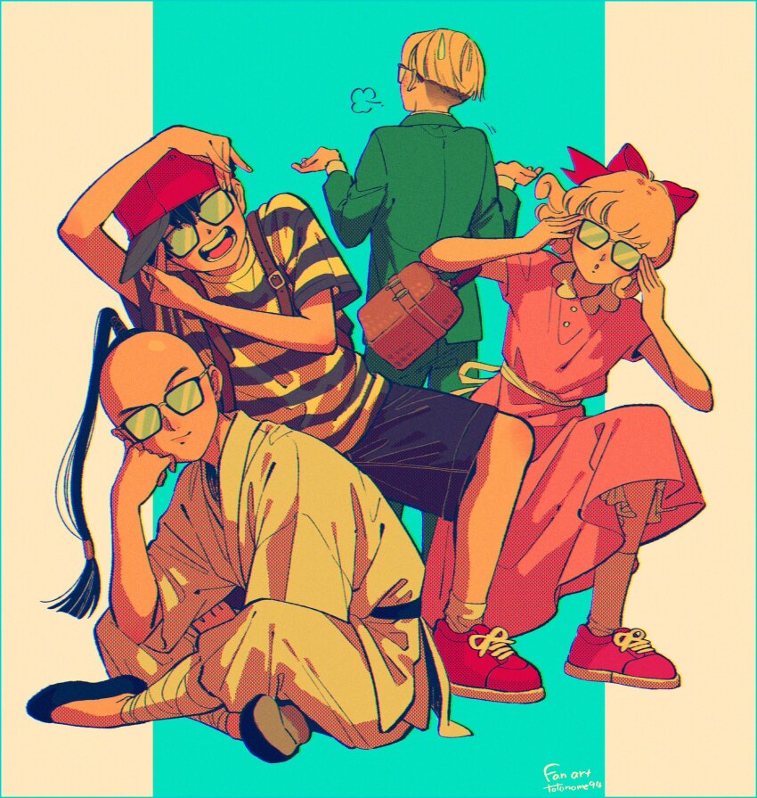 1girl 3boys bag bandaged_leg bandages baseball_cap bespectacled black_hair blonde_hair bow closed_mouth dougi dress glasses hair_bow hat highres jacket jeff_andonuts kwsby_124 long_hair looking_at_viewer mother_(series) mother_2 multiple_boys ness_(mother_2) nintendo on_one_knee opaque_glasses open_mouth parted_lips paula_(mother_2) pink_dress poo_(mother_2) puff_of_air shirt shoes short_sleeves shorts shrugging sitting sneakers socks striped_clothes striped_shirt sweatdrop two-tone_background white_socks