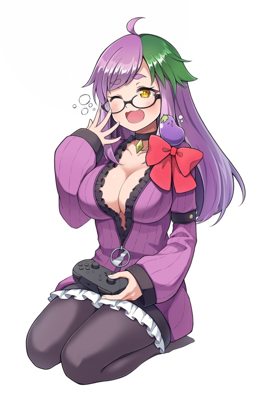 1girl ahoge awokani black_choker black_pantyhose breasts choker cleavage commentary_request commission controller eggplant eyes_visible_through_eyewear full_body glasses green_hair highres holding holding_controller indie_virtual_youtuber jacket large_breasts long_hair multicolored_hair nintendo_switch_pro_controller no_shoes one_eye_closed pantyhose plunging_neckline purple_hair purple_jacket skeb_commission solo tereko_nasu two-tone_hair virtual_youtuber wavy_mouth yawning yellow_eyes zipper_pull_tab