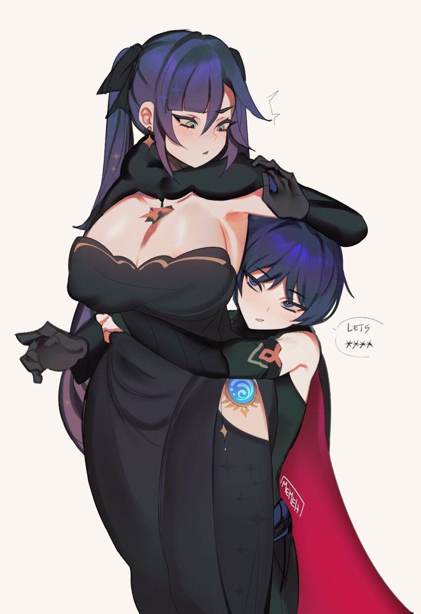 1boy 1girl absurdres adapted_costume aged_down aged_up alternate_breast_size aqua_eyes arm_on_another&#039;s_head armor artist_name asymmetrical_bangs black_dress black_gloves black_hair black_pantyhose blue_eyes blunt_bangs breasts cape covered_erect_nipples dress earrings elbow_gloves english_text eyebrows_hidden_by_hair eyelashes fur-trimmed_cape fur_collar fur_trim genshin_impact gloves gradient_hair hair_intakes head_on_another&#039;s_back head_tilt hetero highleg highres hug hug_from_behind japanese_armor jewelry kote kurokote long_hair looking_at_another looking_down memeh mona_(genshin_impact) multicolored_hair pantyhose parted_bangs ponytail_holder purple_hair scaramouche_(genshin_impact) sidelocks sparkle_print star_(symbol) star_earrings taut_clothes thigh_gap thighhighs thighs tsurime twintails very_long_hair vision_(genshin_impact) wanderer_(genshin_impact) white_background