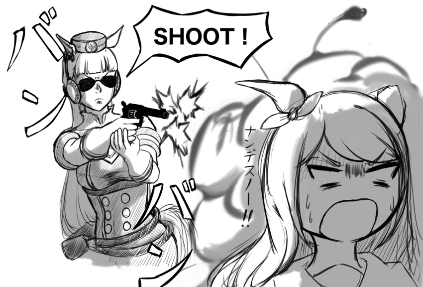 aviator_sunglasses gold_ship_(umamusume) greyscale mejiro_mcqueen_(umamusume) monochrome ninja_sentai_kakuranger sunglasses super_sentai tagme today_is_friday_in_california_(meme) umamusume