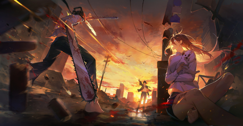 1girl 2boys absurdres assault_rifle barefoot black_jacket black_necktie black_pants blood blood_spray bloody_weapon blurry blurry_foreground cat chainsaw chainsaw_man collared_shirt debris denji_(chainsaw_man) destruction evening firing foreshortening formal_clothes gun gun_devil_(chainsaw_man) hayakawa_aki hidor highres horns jacket looking_at_another meowy_(chainsaw_man) multiple_boys necktie open_mouth pants power_(chainsaw_man) red_horns rifle rubble sharp_teeth shirt shirt_tucked_in spoilers suit suit_jacket teeth utility_pole weapon white_cat white_shirt