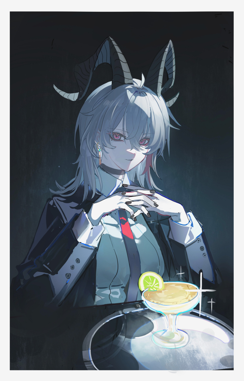 1girl absurdres black_choker black_horns black_jacket black_nails breasts chinese_commentary choker collared_shirt commentary_request cup curled_horns drinking_glass duplicate earrings echj food fruit gendou_pose grey_hair hair_between_eyes hair_ornament hands_clasped highres horns interlocked_fingers jacket jewelry key_earrings large_breasts lime_(fruit) lime_slice long_hair looking_at_viewer multicolored_hair nail_polish necktie own_hands_clasped own_hands_together parted_lips red_eyes red_necktie shirt solo streaked_hair white_shirt wuthering_waves zani_(wuthering_waves)