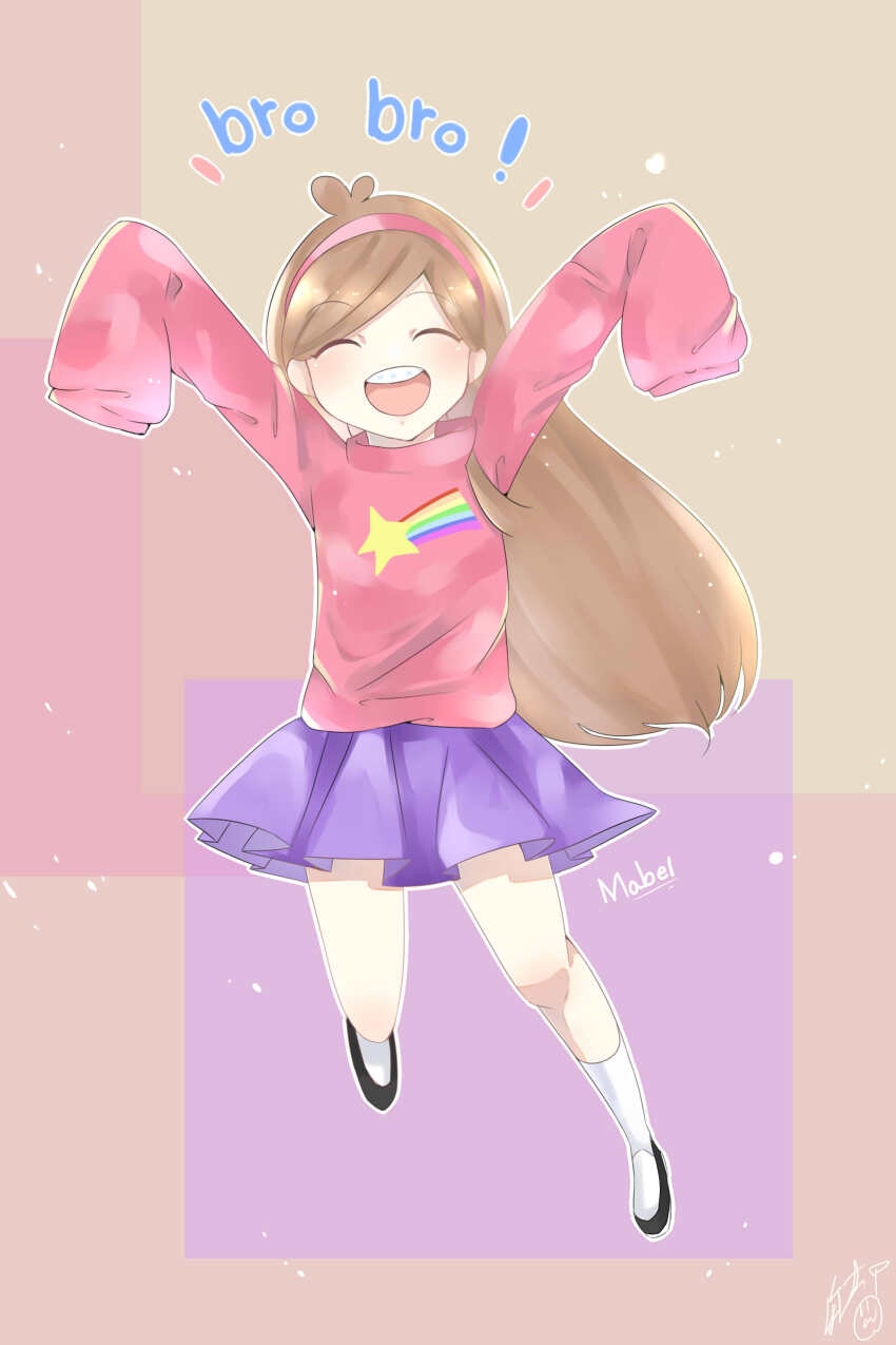 1girl absurdres braces brown_hair closed_eyes collared_sweater english_text full_body gravity_falls hairband highres long_hair long_sleeves looking_at_viewer mabel_pines pink_hairband pink_sweater purple_skirt shirt skirt smile solo sweater tina42173