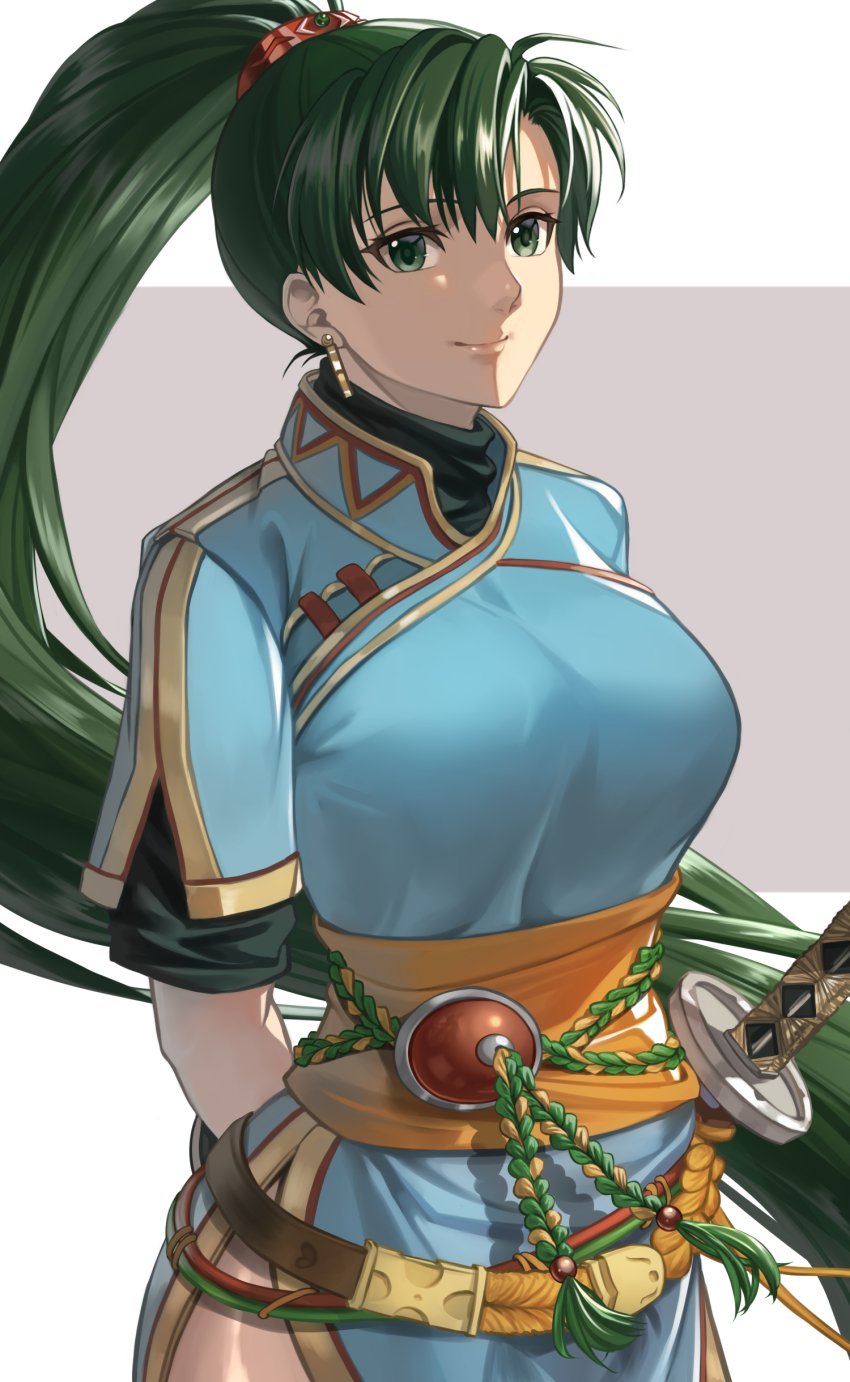 1girl absurdres arms_behind_back blue_dress breasts china_dress chinese_clothes closed_mouth delsaber dress earrings fire_emblem fire_emblem:_the_blazing_blade green_eyes highres jewelry large_breasts lips long_hair lyn_(fire_emblem) nintendo obi ponytail sash short_sleeves side_slit simple_background smile solo sword very_long_hair weapon