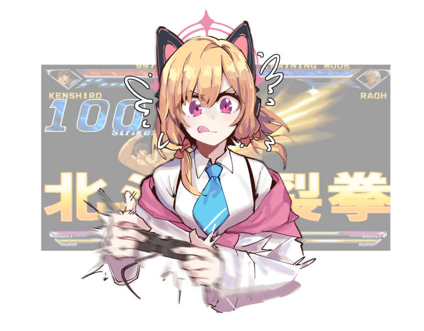 :q animal_ear_headphones animal_ears blonde_hair blue_archive bow cat_ear_headphones controller copyright_request eri_(erikiri) fake_animal_ears game_controller hair_bow halo headphones highres hokuto_no_ken hokuto_no_ken:_shinpan_no_sousousei_kengou_retsuden holding holding_controller holding_game_controller jacket kenshiro low-tied_sidelocks momoi_(blue_archive) motion_lines necktie pink_halo playing_games raoh_(hokuto_no_ken) shirt short_hair sidelocks tongue tongue_out