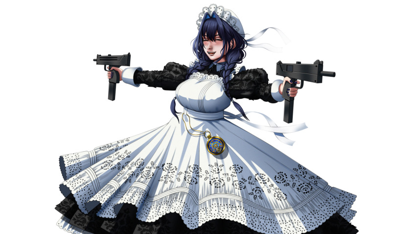 1girl apron black_dress black_hair blackcapbandit braid breasts casing_ejection closed_eyes dress dual_wielding firing gun hat highres holding holding_gun holding_weapon hololive hololive_english large_breasts long_hair low_twin_braids mac-10/11 maid_apron mob_cap muzzle_flash official_alternate_costume official_alternate_hairstyle open_mouth ouro_kronii ouro_kronii_(maid) outstretched_arms pocket_watch shell_casing simple_background solo submachine_gun twin_braids virtual_youtuber watch weapon white_apron white_background