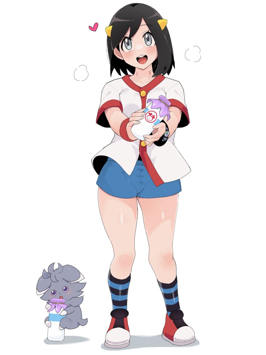 1boy :d black_hair blue_shorts bottle bracelet buttons calem_(pokemon) commentary_request cosplay espurr gen_6_pokemon grey_eyes hair_ornament hairclip heart highres holding holding_bottle jacket jewelry knees male_focus milk_bottle moomoo_milk nintendo open_mouth pokemon pokemon_(creature) pokemon_hgss pokemon_xy sana_(37pisana) shoes short_hair short_sleeves shorts smile socks standing striped_clothes striped_socks teeth tongue upper_teeth_only white_background white_jacket whitney_(pokemon) whitney_(pokemon)_(cosplay)