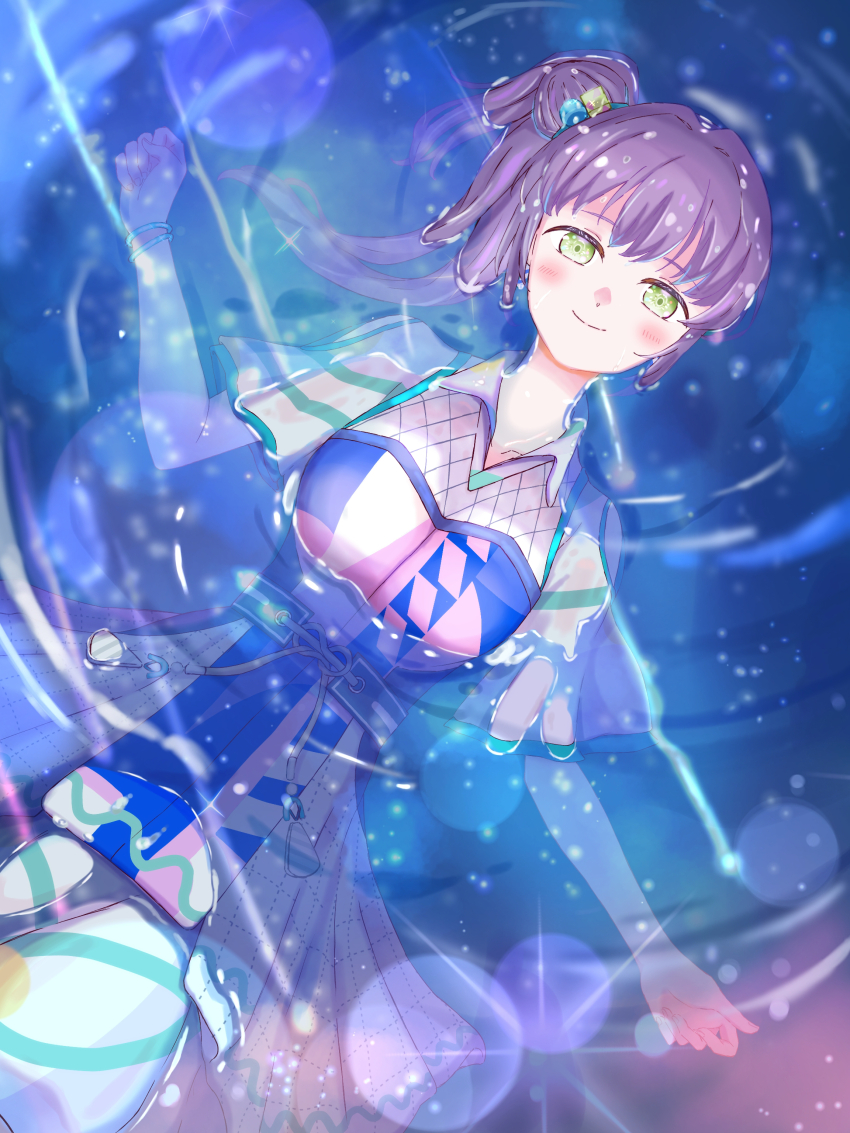 1girl absurdres afloat blue_dress blush breasts closed_mouth collared_dress commentary_request cube_hair_ornament dress feet_out_of_frame from_above genyo_yako green_eyes hair_bun hair_ornament highres link!_like!_love_live! long_hair looking_at_viewer love_live! lying medium_breasts multicolored_dress official_alternate_costume on_water otomune_kozue pink_dress purple_hair rakk27606689 side_ponytail sidelocks single_side_bun smile solo split_mouth virtual_youtuber water wet white_sleeves
