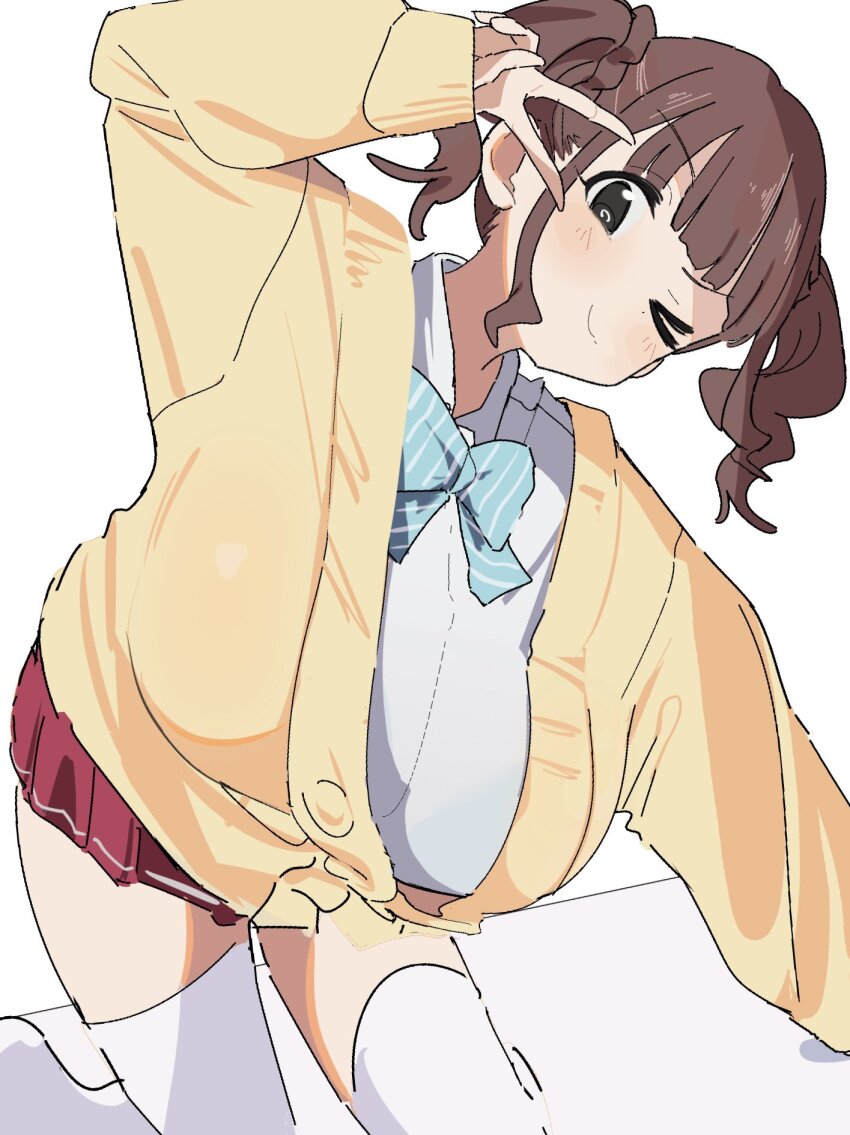 &gt;_o 1girl bad_id bad_twitter_id black_eyes blue_bow blue_bowtie blunt_bangs blush bow bowtie breasts brown_hair cardigan dress_shirt gyaru hand_up hanging_breasts highres huge_breasts long_sleeves miniskirt one_eye_closed original osakana_(kitasisn) pleated_skirt red_skirt shirt sidelocks simple_background skirt sleeves_past_wrists smile solo sugimori_futaba_(osakana) thighhighs twintails v v_over_eye vertical-striped_bowtie wavy_hair white_background white_shirt white_thighhighs yellow_cardigan zettai_ryouiki