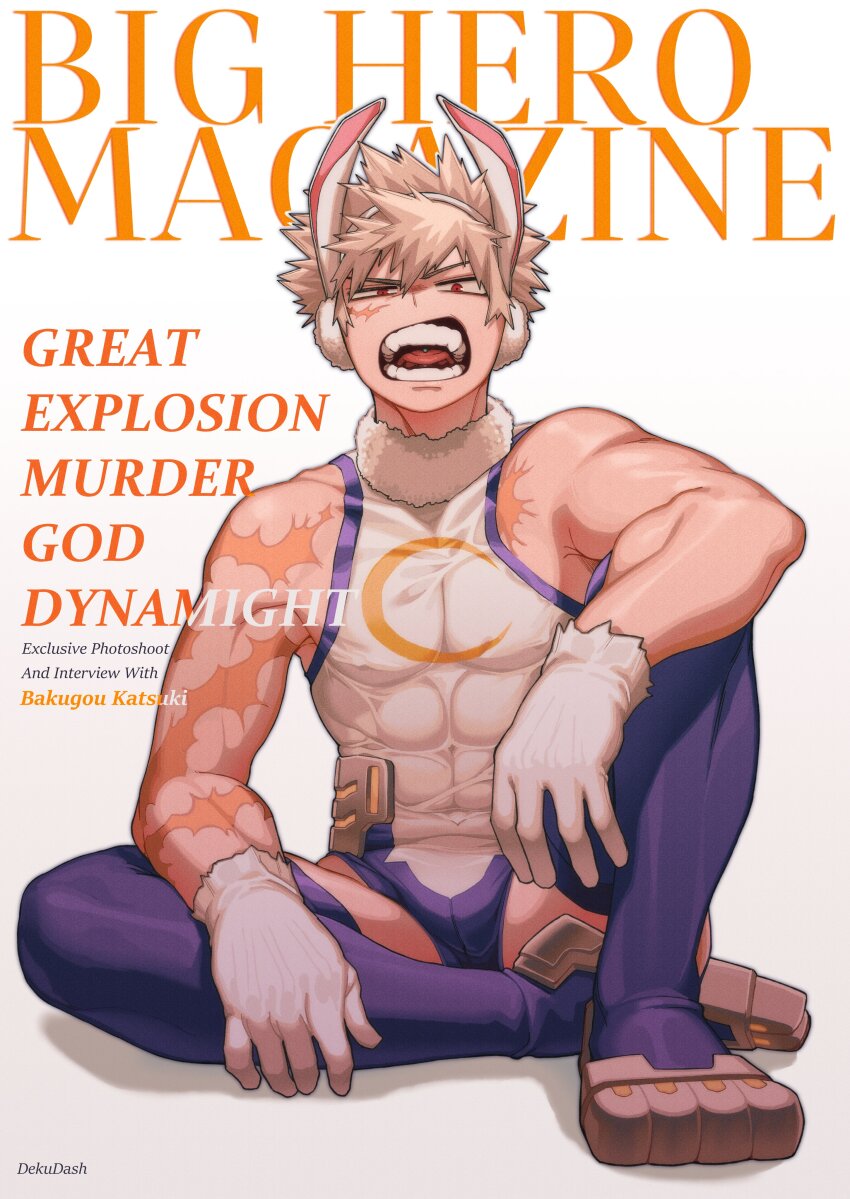 1boy absurdres animal_ears bakugou_katsuki blonde_hair boku_no_hero_academia cosplay cover covered_abs covered_pectorals crossdressing crossdressing_(mtf) dekudash fake_cover fake_magazine_cover fangs full_body gloves heattech_leotard highleg highres leotard looking_at_viewer magazine_cover male_focus mirko mirko_(cosplay) open_mouth pectorals piercing rabbit_ears rabbit_pose rabbit_tail red_eyes scar scar_on_arm scar_on_face short_hair simple_background sleeveless sleeveless_turtleneck sleeveless_turtleneck_leotard solo spiked_hair superhero_costume tail taut_leotard teeth thighhighs thighs tongue tongue_piercing turtleneck white_gloves white_leotard