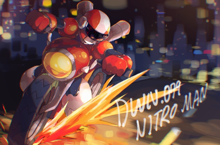 1boy armor arms_up black_bodysuit blurry blurry_background bodysuit boots breastplate character_name chikichi chromatic_aberration city_lights english_text gloves helmet highres jpeg_artifacts knee_boots male_focus mega_man_(classic) mega_man_(series) mega_man_10 motor_vehicle motorcycle motorcycle_helmet nitro_man red_gloves red_headwear riding road shoulder_armor solo sparks vambraces visor white_boots