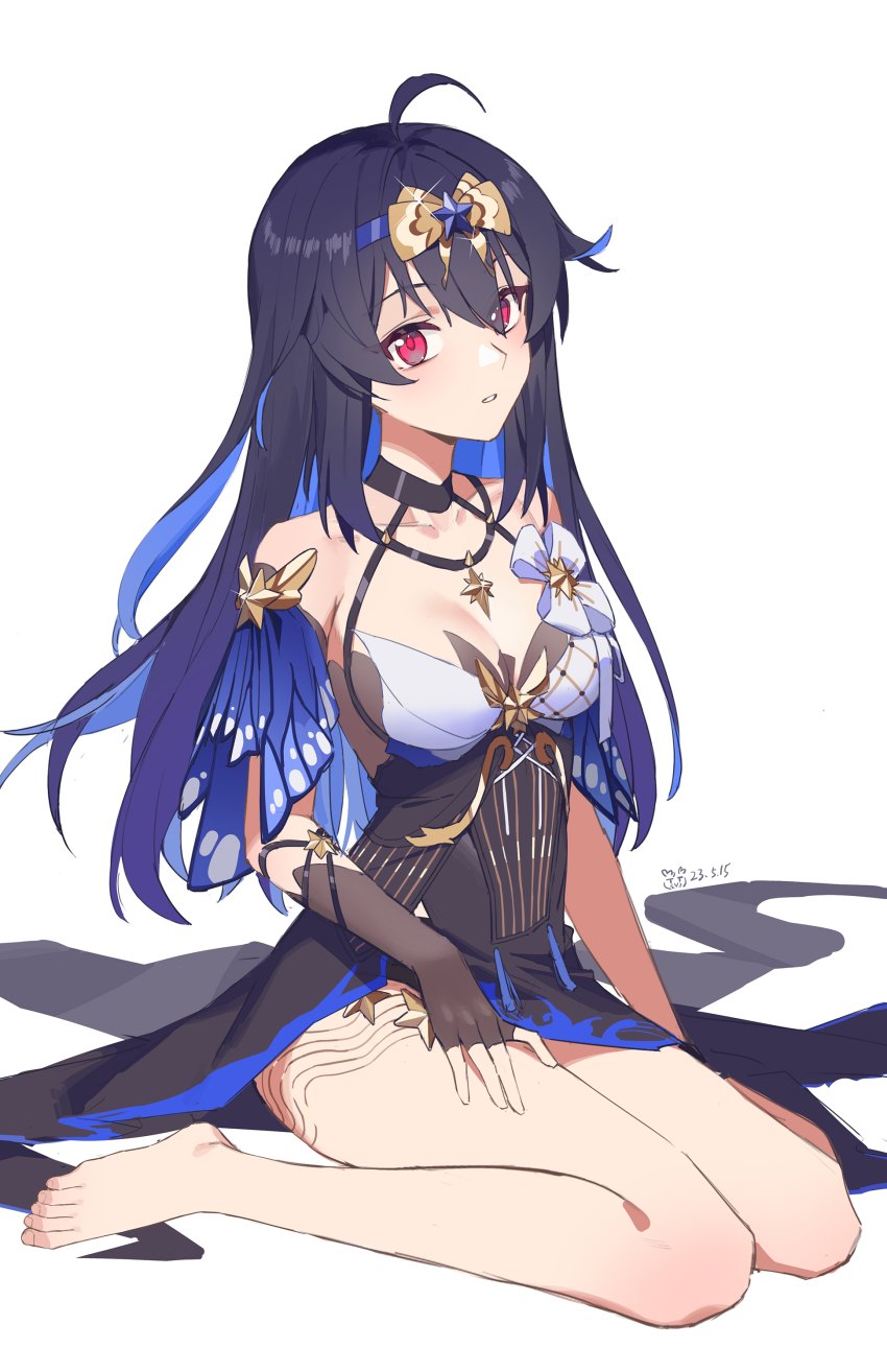 1girl absurdres ahoge bare_shoulders barefoot black_gloves black_hair blue_hair breasts chinese_commentary cleavage commentary commentary_request dress fingerless_gloves fled gloves hair_between_eyes hair_ornament headband highres honkai_(series) honkai_impact_3rd long_hair looking_at_viewer medium_breasts official_alternate_costume red_eyes seele_(alter_ego) seele_vollerei seele_vollerei_(magic_girl_seele) seele_vollerei_(starchasm_nyx) simple_background single_glove sitting sleeveless sleeveless_dress solo wariza white_background