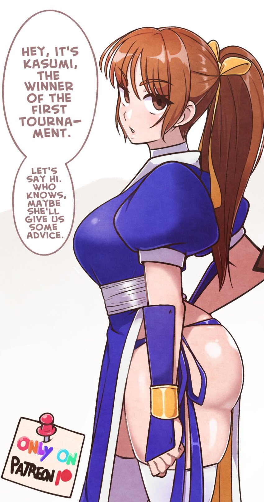 1girl ass breasts brown_eyes brown_hair dead_or_alive english_text female_focus from_side highres jeff_miga kasumi_(doa) large_breasts long_hair looking_at_viewer matching_hair/eyes ninja pelvic_curtain ponytail short_sleeves thick_thighs thighhighs thighs white_background white_thighhighs