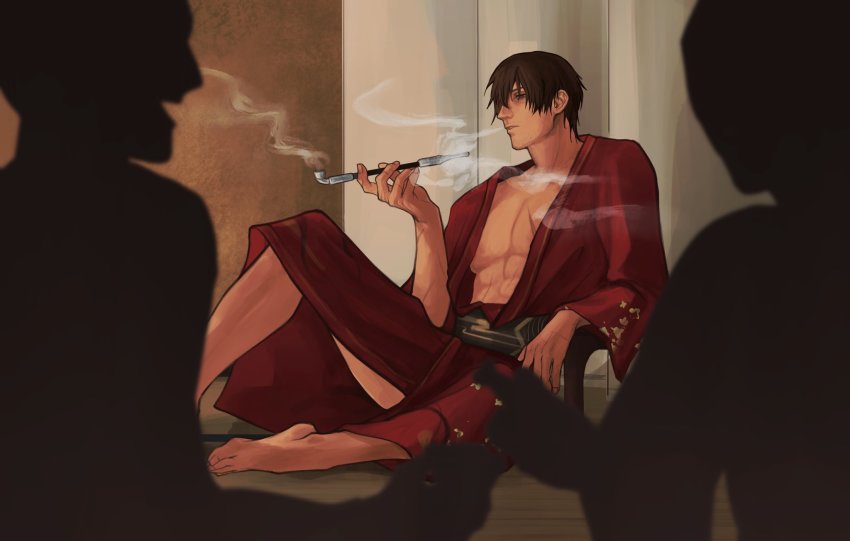 1boy 2others adventurer_(ff14) barefoot blue_eyes brown_hair facial_hair final_fantasy final_fantasy_xiv fingernails half-closed_eyes highres holding holding_smoking_pipe hyur multiple_others parted_lips patterned patterned_clothing scar scar_on_arm scar_on_chest scar_on_hand silhouette sitting smoke smoking smoking_pipe solo_focus stubble toenails tyt_tham warrior_of_light_(ff14)