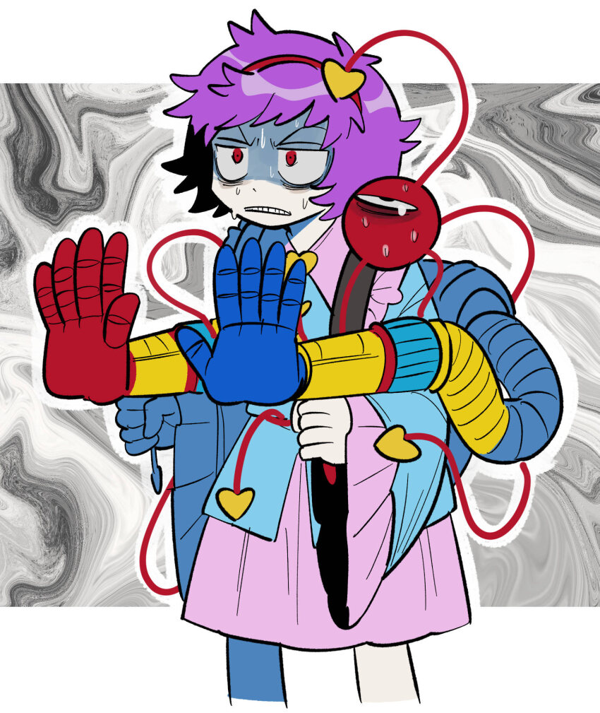 1girl black_hairband blouse blue_shirt buttons eyeball frilled_shirt_collar frilled_sleeves frills furukawa_(yomawari) grabpack_(poppy_playtime) hair_ornament hairband heart heart_button heart_hair_ornament highres komeiji_satori pink_hair pink_skirt poppy_playtime red_eyes shirt skirt extendable_limbs sweat third_eye touhou wide_sleeves