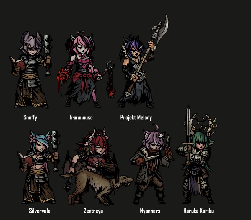 ahoge animal_ears antlers bandaid bandaid_on_face bandaid_on_nose breasts cat_ears cat_girl cat_ornament commentary cosplay crusader_(darkest_dungeon) darkest_dungeon deer_ears dragon_girl dragon_horns english_commentary flagellant_(darkest_dungeon) green_hair hair_ornament haruka_karibu heart hellion_(darkest_dungeon) highres highwayman_(darkest_dungeon) horns houndmaster_(darkest_dungeon) indie_virtual_youtuber ironmouse large_breasts long_hair marvin_seo melody_(projektmelody) multicolored_hair nyatasha_nyanners pink_hair purple_hair raccoon_ears raccoon_girl red_hair reindeer_antlers reindeer_girl silvervale smile snuffy_(vtuber) streaked_hair vestal_(darkest_dungeon) virtual_youtuber wolf_ears wolf_girl zentreya zentreya_(dragon)