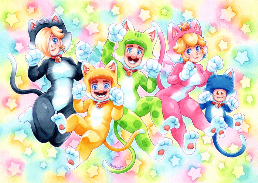 2girls 3boys animal_costume blonde_hair blue_eyes cat_costume collae crown earrings facial_hair highres jewelry luigi mario mario_(series) multiple_boys multiple_girls mustache mystar21 neck_bell nintendo open_mouth painting_(medium) paw_pose princess_peach rosalina smile star_(symbol) super_mario_3d_world toad_(mario) traditional_media watercolor_(medium)