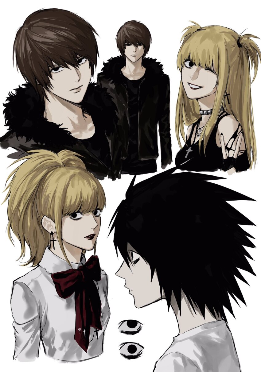 1girl 2boys amane_misa bags_under_eyes black_eyes blonde_hair brown_hair choker cross cross_earrings cross_necklace death_note earrings fur-trimmed_jacket fur_trim goth_fashion highres jacket jewelry l_(death_note) lips looking_at_viewer multiple_boys necklace official_alternate_costume official_alternate_hairstyle one_eye_closed pale_skin sanpaku smile sso_s teeth two_side_up v yagami_light