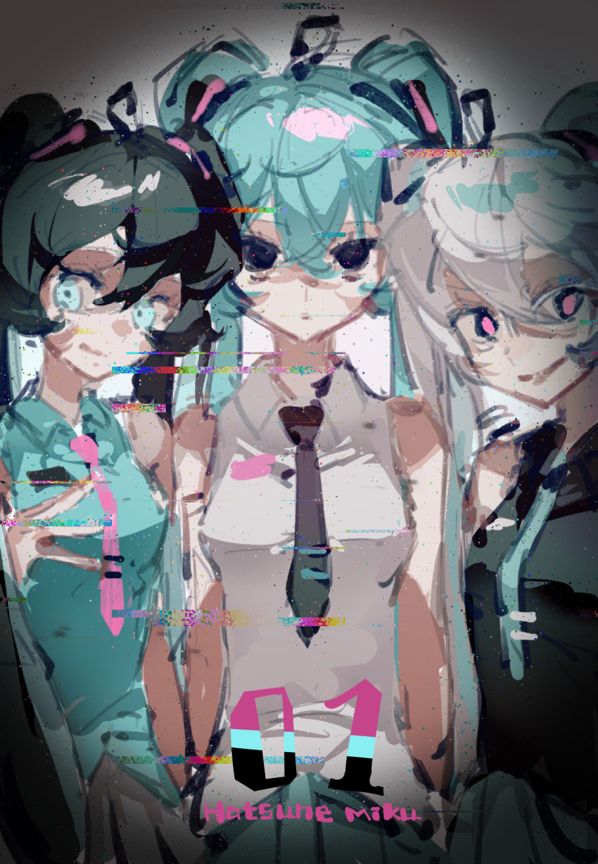 3girls :o aqua_hair aqua_necktie aqua_shirt aqua_skirt bare_arms bare_shoulders black_eyes black_hair black_necktie black_shirt blue_eyes breast_pocket character_name closed_mouth collared_shirt cowboy_shot crossed_bangs empty_eyes expressionless eyelashes glitch grey_skirt hair_between_eyes hair_ornament hand_on_own_chest hatsune_miku highres liangqi_shi long_hair miniskirt multiple_girls multiple_persona necktie parted_lips pink_eyes pink_necktie pleated_skirt pocket shirt skirt sleeveless sleeveless_shirt smile standing tie_clip twintails very_long_hair vignetting vocaloid white_background white_hair white_shirt