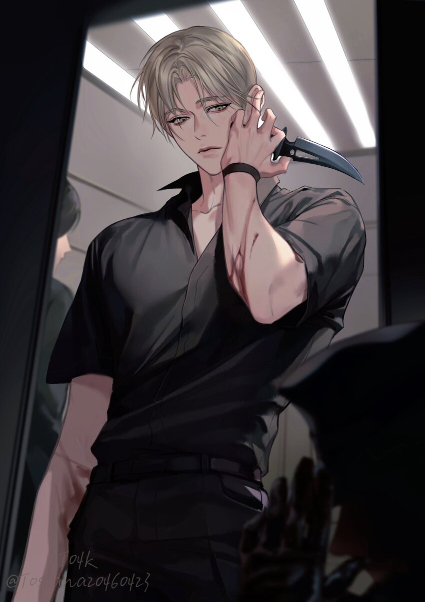 1boy 2others arm_strap artist_name belt black_belt black_pants black_shirt blonde_hair blood blood_on_arm blurry blurry_background blurry_foreground closed_mouth collarbone cowboy_shot dagger gloves hand_on_own_cheek hand_on_own_face hat highres holding holding_dagger holding_knife holding_weapon indoors knife looking_at_another looking_down male_focus multiple_others original pants shirt short_hair solo_focus toscana20460423 twitter_username weapon yellow_eyes