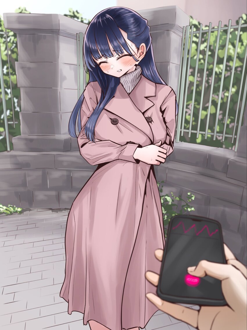 1girl 1other black_hair blush boku_no_kokoro_no_yabai_yatsu cellphone clenched_teeth closed_mouth coat commentary_request fence grey_coat highres holding holding_phone long_hair long_sleeves m2bou outdoors paid_reward_available phone pov pov_hands smartphone solo_focus standing sweater teeth turtleneck turtleneck_sweater winter_clothes winter_coat yamada_anna