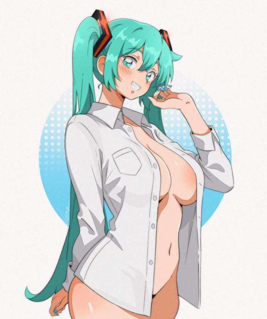 1girl alternate_breast_size aqua_eyes aqua_hair aqua_nails arm_behind_back blue_background blush breast_pocket breasts collared_shirt commentary cowboy_shot dress_shirt english_commentary grin hair_ornament hand_up hatsune_miku highres large_breasts long_hair long_sleeves naked_shirt navel open_clothes open_shirt pocket shirt smile solo standing twintails two-tone_background very_long_hair vizaz vocaloid white_background white_shirt