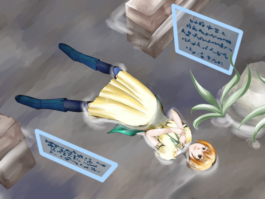 1girl blonde_hair dress ever_17 female_focus iwasaki_miki lying plant rock solo tanaka_yubiseiakikana tanaka_yubiseiharukana water