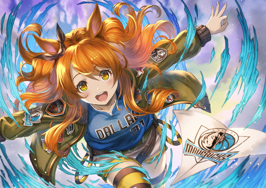 1girl :d animal_ears basketball_jersey belt bomber_jacket bow breasts brooklyn_nets brown_ribbon brown_thighhighs chicago_bulls cleveland_cavaliers cloud collarbone commentary_request cowboy_shot dallas_mavericks ear_ribbon floating_hair golden_state_warriors green_belt green_jacket hair_between_eyes horse_ears horse_girl jacket long_hair long_sleeves looking_at_viewer los_angeles_lakers mayano_top_gun_(umamusume) national_basketball_association new_york_knicks open_clothes open_jacket open_mouth orange_eyes orange_hair outstretched_arms paper_airplane partial_commentary philadelphia_76ers ribbon running short_shorts shorts sidelocks small_breasts smile solo teeth thighhighs two_side_up umamusume upper_teeth_only white_shorts yakkuro