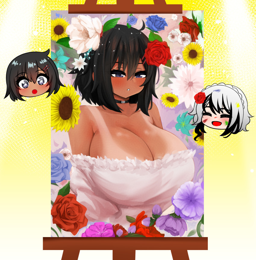 2girls absurdres black_choker black_hair blue_eyes blush breasts canvas_(object) chibi chibi_inset choker cleavage closed_eyes dassa_lotta dress easel eyebrows_hidden_by_hair field flower flower_field hair_between_eyes hair_flower hair_ornament hairclip highres himiko_(the_only_shoe) huge_breasts looking_at_viewer multiple_girls off-shoulder_dress off_shoulder open_mouth original paint_on_body painting_(object) smile sparkling_eyes tan tanline the_only_shoe white_dress white_hair yellow_background