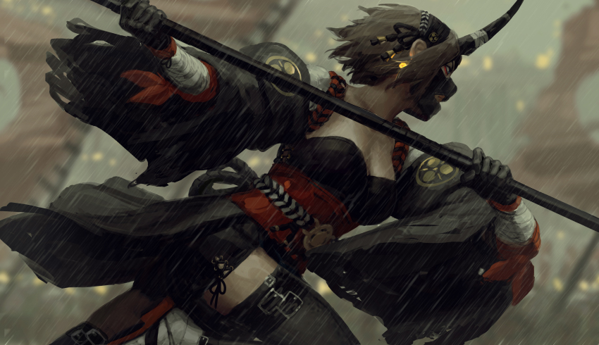 1girl absurdres bandaged_arm bandages battle black_gloves blue_eyes blurry blurry_background breasts brown_hair commentary earrings english_commentary gloves guweiz hairband highres horns jewelry juumonji_yari mask medium_breasts obi original photoshop_(medium) profile rain running sash short_hair shorts single_horn solo thighhighs yari