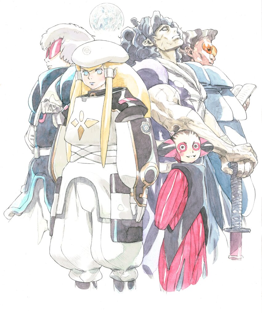 2girls 3boys absurdres agrippa_maintainer black_hair blonde_hair blue_eyes commentary_request dianna_soreil gundam gym_ghingnham harry_ord hat highres katana long_hair looking_at_viewer merrybell_gadget moon multiple_boys multiple_girls standing sunglasses sword turn_a_gundam weapon white_background white_hair yasuda_akira