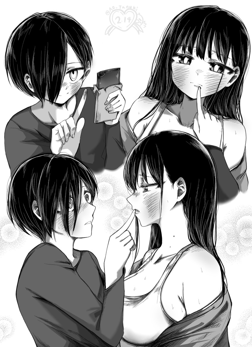 1boy 1girl ao_tanuki bare_shoulders blush boku_no_kokoro_no_yabai_yatsu breasts candy chocolate chocolate_bar cleavage closed_mouth collarbone dated dated_commentary finger_to_another&#039;s_mouth finger_to_mouth food food_on_hand from_side greyscale hair_over_one_eye hetero highres holding holding_food ichikawa_kyoutarou large_breasts long_hair long_sleeves looking_at_another looking_at_viewer mole mole_on_neck monochrome multiple_moles multiple_views off_shoulder profile ringed_eyes shirt short_hair simple_background sports_bra t-shirt twitter_username upper_body white_background wide-eyed yamada_anna