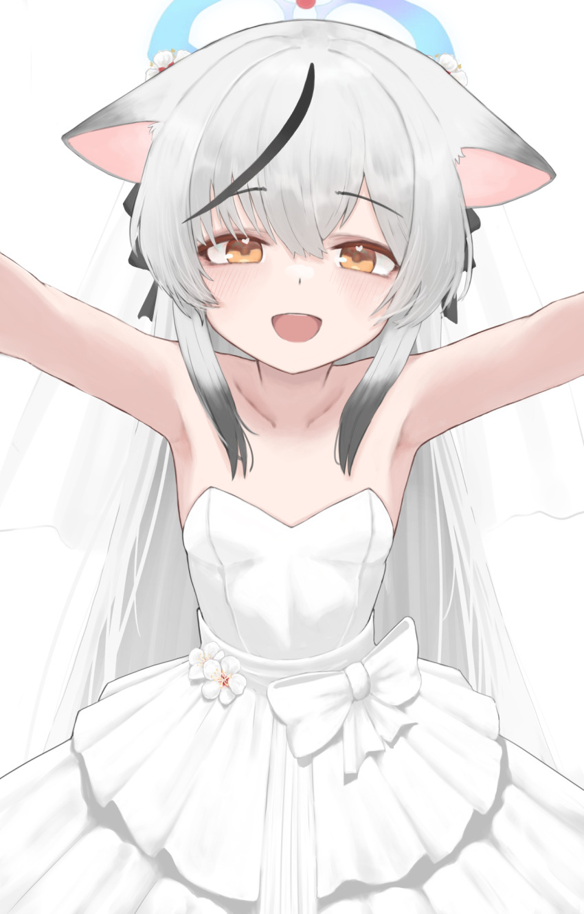 1girl :d alternate_costume animal_ear_fluff animal_ears armpits bare_arms black_hair black_ribbon blue_archive blue_halo bow breasts bridal_veil bride brown_eyes collarbone commentary dot_nose dress flat_chest floppy_ears flower frilled_dress frills hair_between_eyes hair_flower hair_ornament hair_ribbon halo heart heart_in_eye highres incoming_hug kokona_(blue_archive) layered_dress loli long_dress long_hair looking_at_viewer multicolored_hair nullkurage open_mouth outstretched_arms ribbon sidelocks simple_background small_breasts smile solo standing strapless strapless_dress streaked_hair symbol_in_eye teeth tiger_ears tiger_girl two-tone_hair upper_teeth_only veil very_long_hair wedding_dress white_background white_bow white_dress white_flower white_hair white_veil