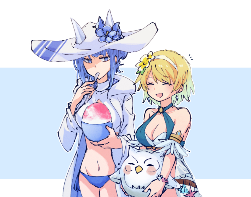 2girls alonemistrist bare_shoulders bikini blonde_hair blue_bikini blue_eyes blue_hair bowl breasts character_doll cleavage closed_eyes commentary doll earrings english_commentary feh_(fire_emblem_heroes) fire_emblem fire_emblem_heroes fjorm_(fire_emblem) fjorm_(summer)_(fire_emblem) flower food hair_flower hair_ornament hairband hat holding holding_bowl holding_spoon jacket jewelry looking_at_another multiple_girls navel nifl_(fire_emblem) nifl_(summer)_(fire_emblem) nintendo official_alternate_costume open_clothes open_jacket open_mouth shaved_ice short_hair spoon swimsuit utensil_in_mouth white_hairband white_hat white_jacket