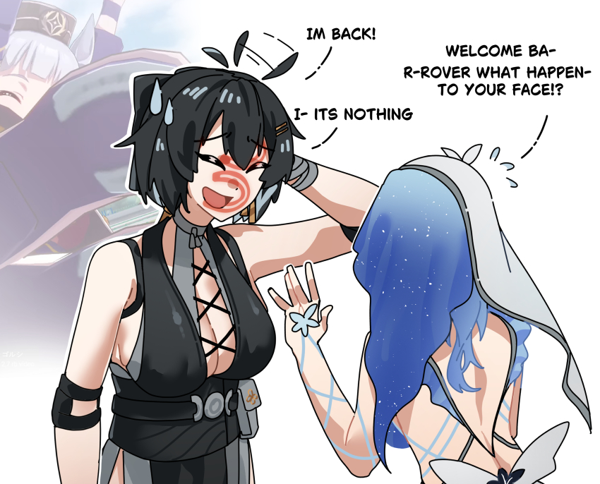 2girls ahoge ahoge_wag bare_shoulders black_dress black_hair blue_veil breasts cleavage closed_eyes colored_inner_hair commentary cross-laced_clothes cross-laced_dress dress elbow_pads english_commentary english_text expressive_hair female_rover_(wuthering_waves) flying_sweatdrops footprint_on_face game_screenshot_inset gold_ship_(umamusume) hair_ornament hairclip hands_up highres large_breasts leppib multicolored_hair multiple_girls open_mouth parallel_hairclips rover_(wuthering_waves) scratching_head shorekeeper_(wuthering_waves) sleeveless sleeveless_dress smile sweatdrop two-tone_veil umamusume veil white_veil worried wuthering_waves
