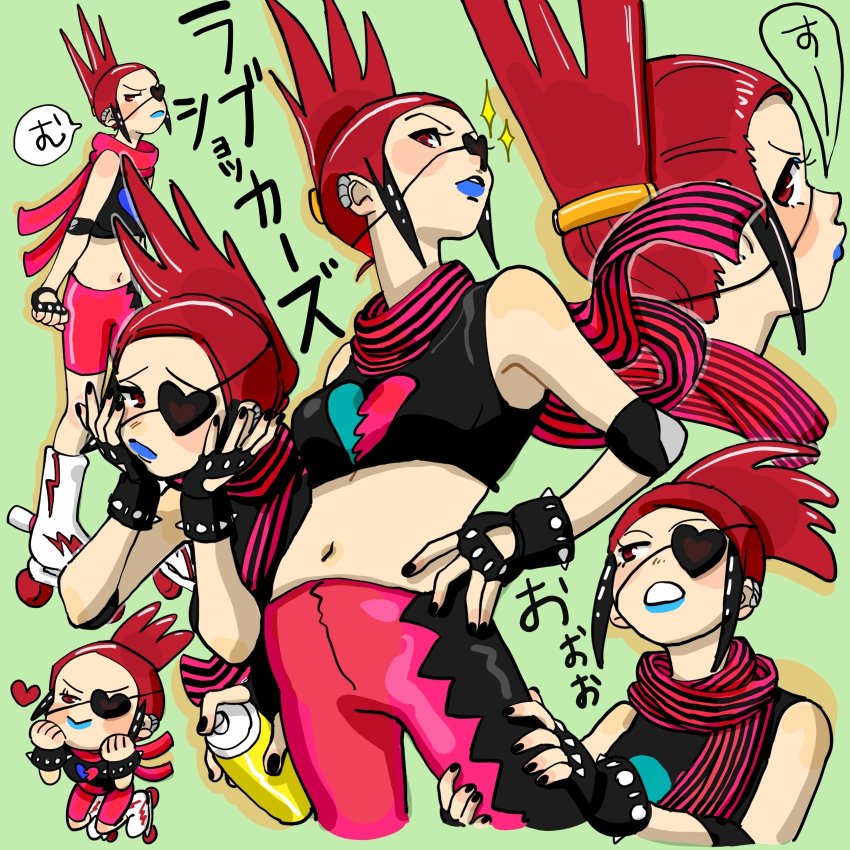 earrings eyepatch fingerless_gloves gloves highres jet_set_radio jewelry lipstick looking_back love_shockers makeup midriff multicolored_hair multiple_views nail_polish navel red_eyes red_hair roller_skates scarf sega skates sleeveless smile spiked_hair spray_can tanosigto3