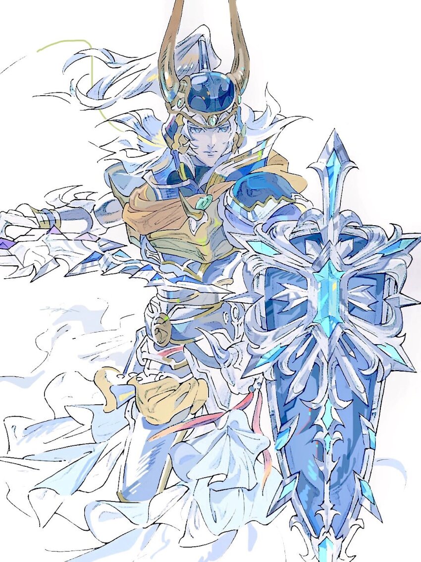 1boy arm_up armor blue_eyes blue_gemstone breastplate closed_mouth commentary dene_tri fake_horns faulds final_fantasy final_fantasy_i floating_hair frilled_skirt frills gem helmet highres holding holding_shield holding_sword holding_weapon horned_helmet horns male_focus ornate_armor pauldrons shield shoulder_armor skirt solo sword symbol-only_commentary warrior_of_light_(ff1) weapon white_background white_hair