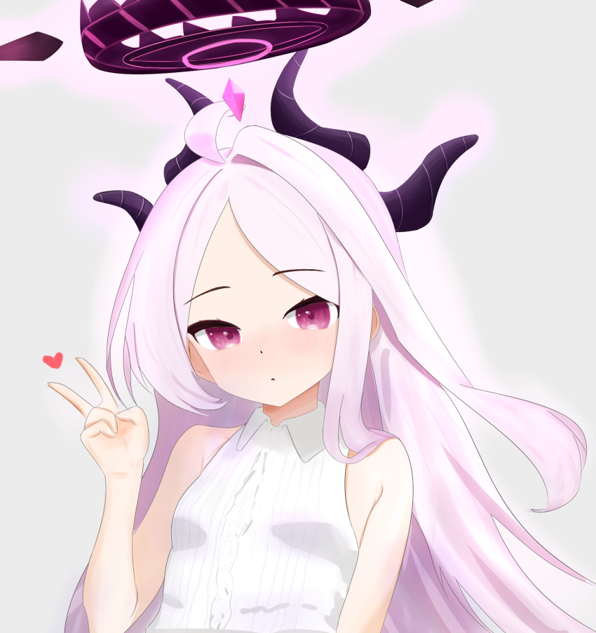 ahoge black_halo blue_archive blush breasts demon_girl demon_horns doffln90427 halo heart highres hina_(blue_archive) horns long_hair looking_at_viewer purple_eyes shirt simple_background small_breasts v white_hair white_shirt
