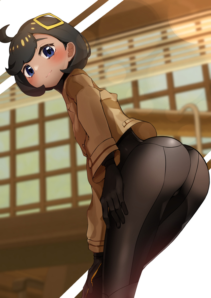 1girl :3 aged_up ass black_bodysuit black_gloves black_hair blue_eyes blush bodysuit bodysuit_under_clothes brown_jacket closed_mouth commentary_request cowlick dark-skinned_female dark_skin emma_(pokemon) gloves hair_ornament hand_on_own_knee hand_on_own_thigh highres jacket latex latex_bodysuit leaning_forward long_sleeves looking_at_viewer nanashi_no_hakushi nintendo orange_gloves pokemon pokemon_legends:_z-a short_hair sidelocks smile solo standing swept_bangs two-tone_gloves