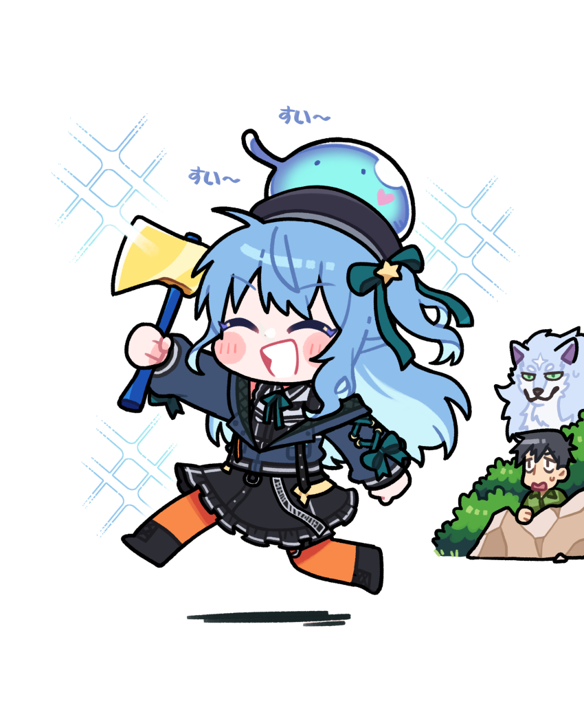 1boy 1girl absurdres axe beret black_footwear black_hair black_headwear black_skirt blue_hair blue_jacket blush blush_stickers bush chibi clenched_hands closed_eyes commentary_request feru_(tonsuki) frilled_skirt frills full_body green_ribbon green_shirt hair_ornament hair_ribbon hand_up happy hat hiding highres holding holding_axe hololive hoshimachi_suisei hoshimachi_suisei_(casual) jacket long_hair long_sleeves mukouda_tsuyoshi neck_ribbon nekotaririn one_side_up open_mouth ribbon shirt short_hair skirt slime_(creature) smile star_(symbol) star_hair_ornament stone sui_(tonsuki) tondemo_skill_de_isekai_hourou_meshi virtual_youtuber walking white_background wolf