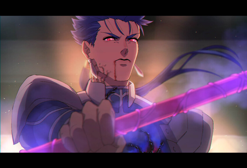 1boy blood bloody_tears blue_hair commentary_request cu_chulainn_(fate) cu_chulainn_(fate/stay_night) earrings fate/stay_night fate_(series) frown gae_bolg_(fate) hair_tubes holding holding_polearm holding_weapon jewelry letterboxed male_focus polearm ponytail portrait red_eyes shoulder_plates smoke solo weapon yanoooh