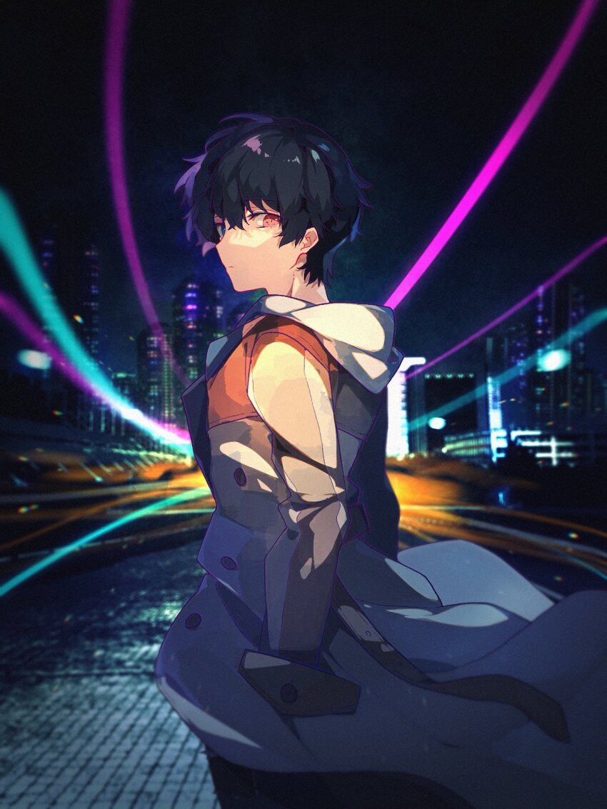 1boy black_hair blue_eyes city commentary_request ebony_nightmare hand_in_jacket heterochromia highres jacket kamen_rider kamen_rider_build_(series) kiryuu_sento lights looking_back male_focus neon_lights night night_sky ocean outline purple_outline red_eyes sky tokyo_(city)