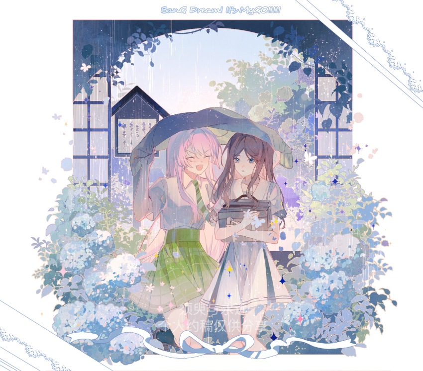 2girls artist_request bang_dream! bang_dream!_it&#039;s_mygo!!!!! blue_eyes blush brown_hair chihaya_anon chinese_commentary closed_eyes commentary_request commission copyright_name diagonal-striped_clothes diagonal-striped_necktie dress fang flower green_necktie green_skirt grey_jacket haneoka_school_uniform highres hydrangea improvised_umbrella jacket long_hair multiple_girls nagasaki_soyo necktie open_mouth pink_hair plaid_clothes plaid_skirt pleated_skirt puffy_short_sleeves puffy_sleeves rain school_uniform second-party_source shirt shirt_tucked_in short_sleeves sidelocks sign skin_fang skirt striped_clothes tsukinomori_school_uniform unworn_jacket white_dress white_shirt